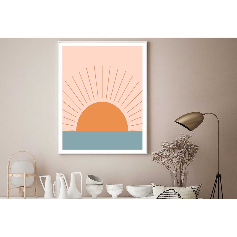 Orange Sun over Gray Sea Vector Design Home Decor Premium Quality Poster Print Choose Your Sizes