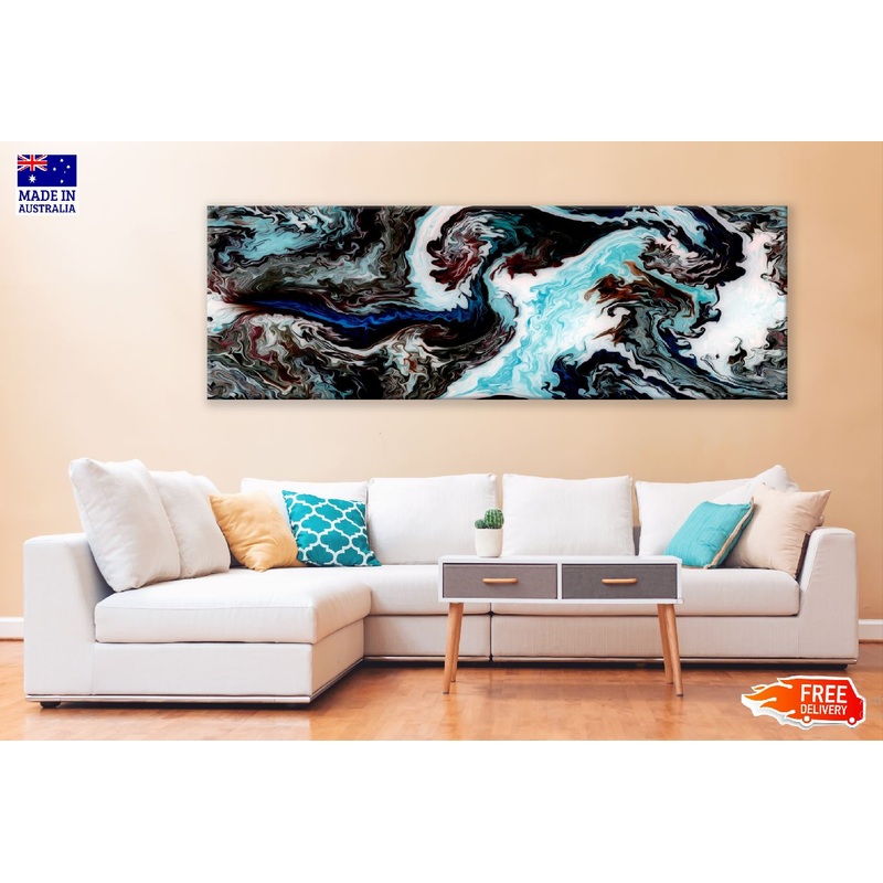Panoramic Canvas Blue Black Fluid Ink Abstract Design High Quality 100% Australian Made Wall Canvas Print Ready to Hang