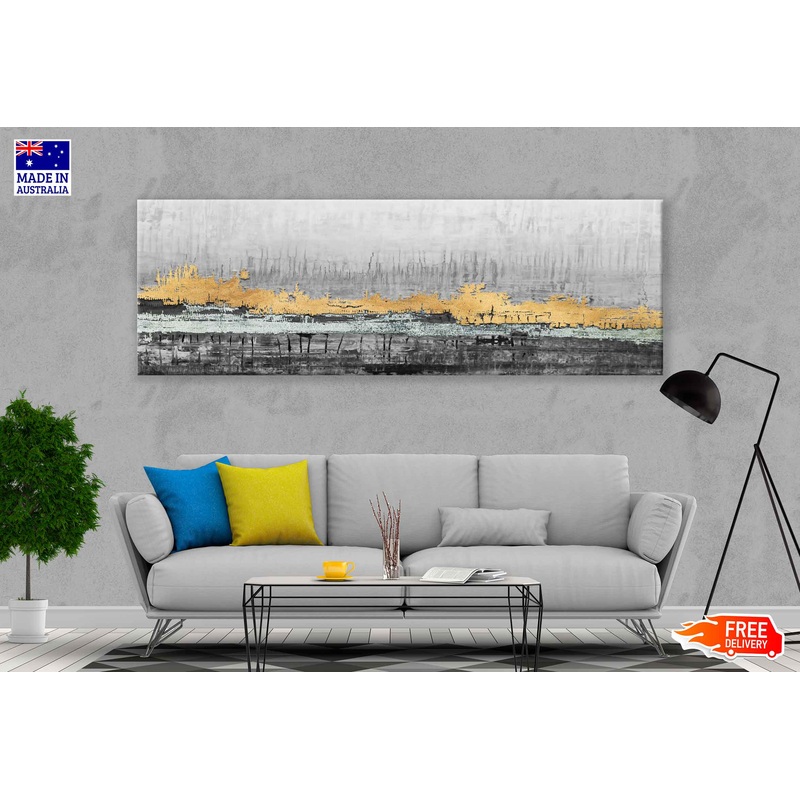 Panoramic Canvas Gold & Grey Abstract Design High Quality 100% Australian Made Wall Canvas Print Ready to Hang